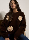 Chunky Knit Flower Applique Jumper, Brown, large