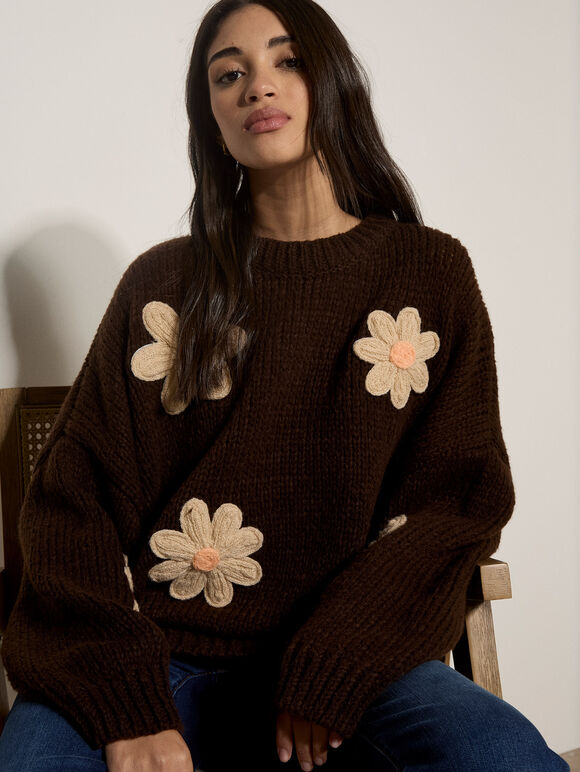 Chunky Knit Flower Applique Jumper, Brown, large