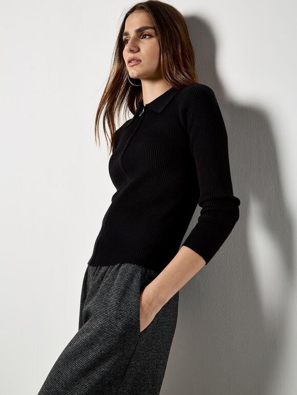 Zip Through Ribbed Knit Cardigan, Black, large