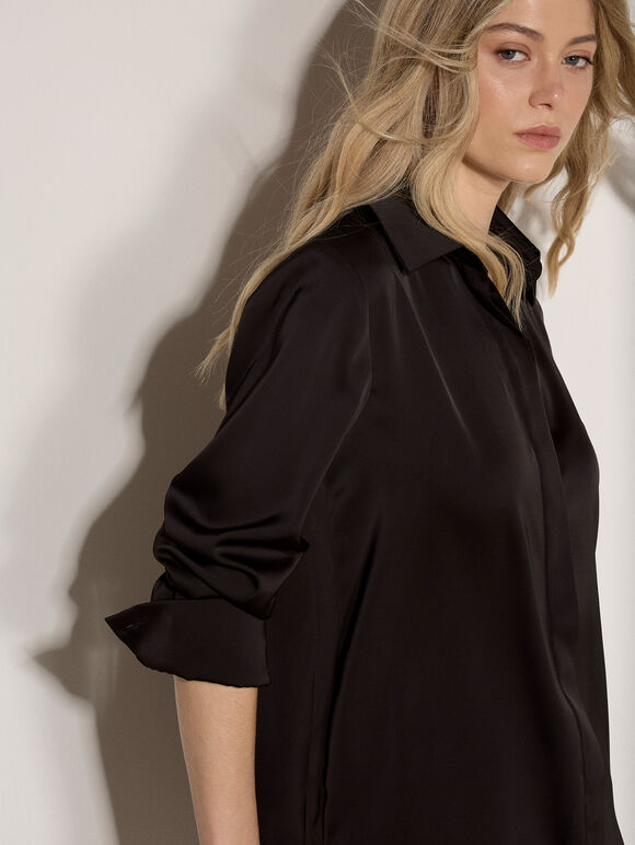Oversized Satin Shirt, Black, large