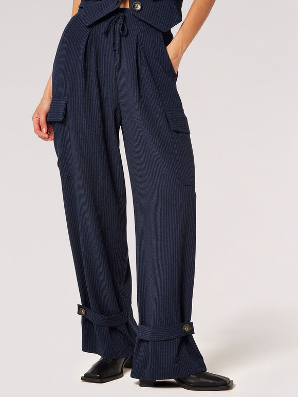 Textured Pinstripe Cargo Trousers, Navy, large