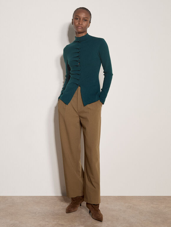 Fine Knit Ruched Cardigan, Teal, large
