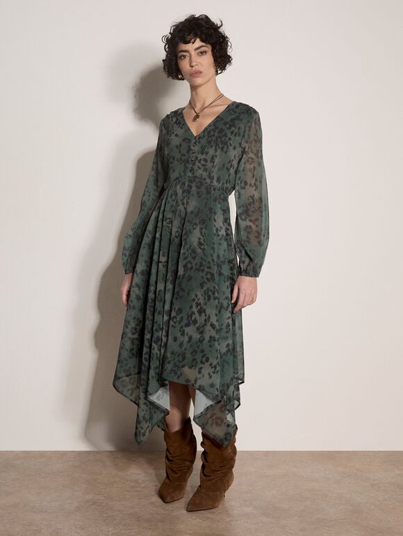 Leopard Print Chiffon Midi Dress, Khaki, large