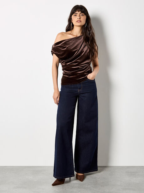 Draped One-Shoulder Asymmetric Velvet Top