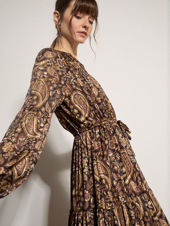 Satin Shimmer Paisley Midi Dress, Black, large