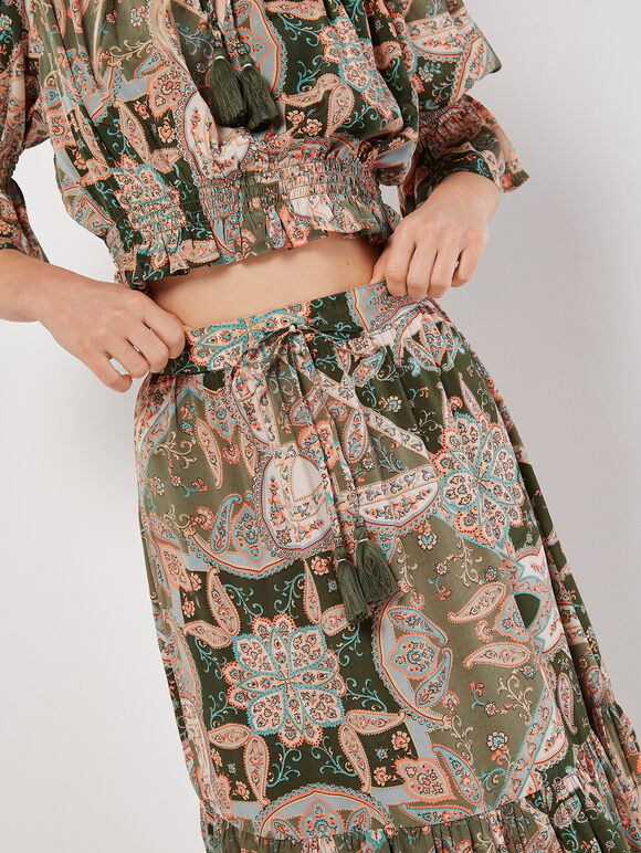 Satin Scarf Print Tiered Maxi Skirt, Khaki, large