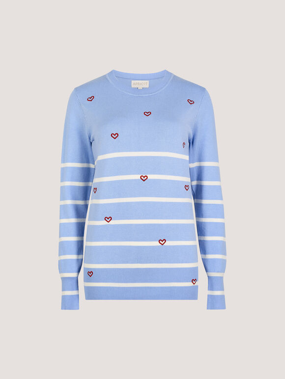 Stripe Embroidered Hearts Jumper, Blue, large