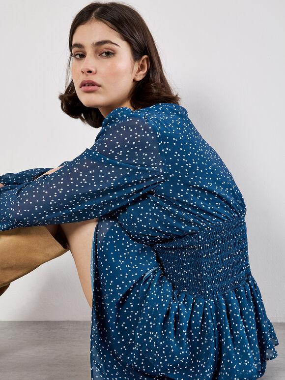 Spot Print Chiffon Mini Dress, Teal, large