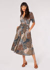 Feather Print Wrap Midi Dress, Green, large