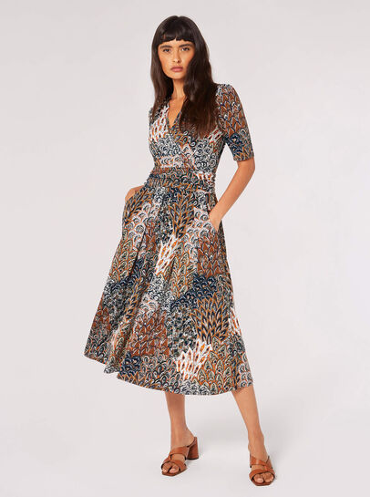 Feather Print Wrap Midi Dress