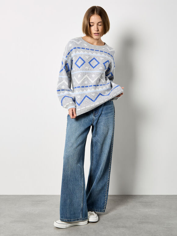 Chevron Geometric Retro Jumper, Blue, large