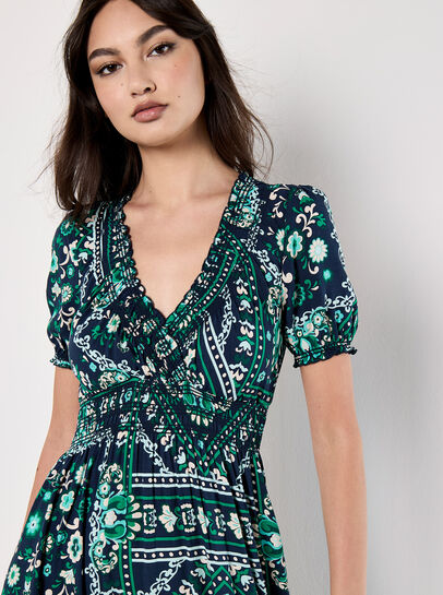 Scarf Print Smocked Maxi Dress