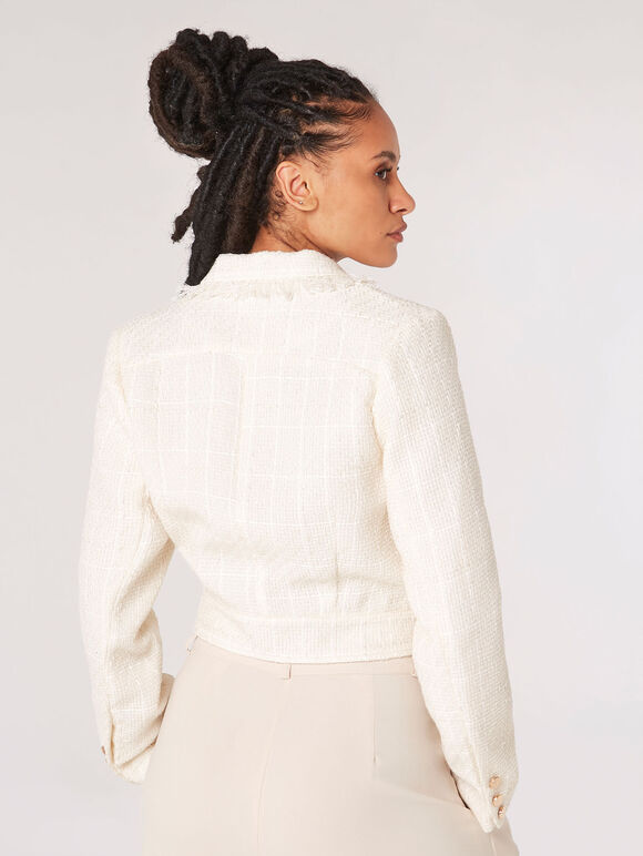 Fringed Cropped Tweed Blazer, Cream, large