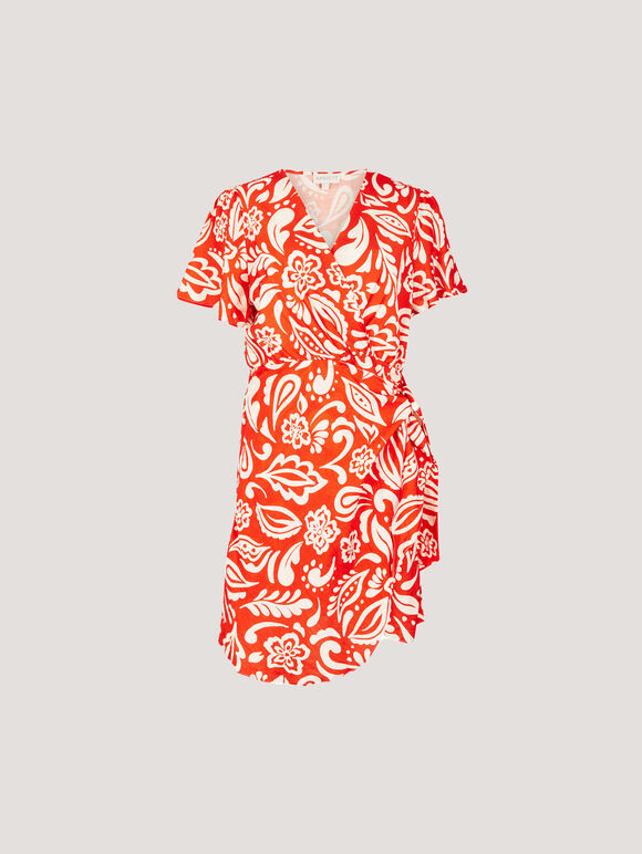 Floral Paisley Wrap Mini Dress, Orange, large