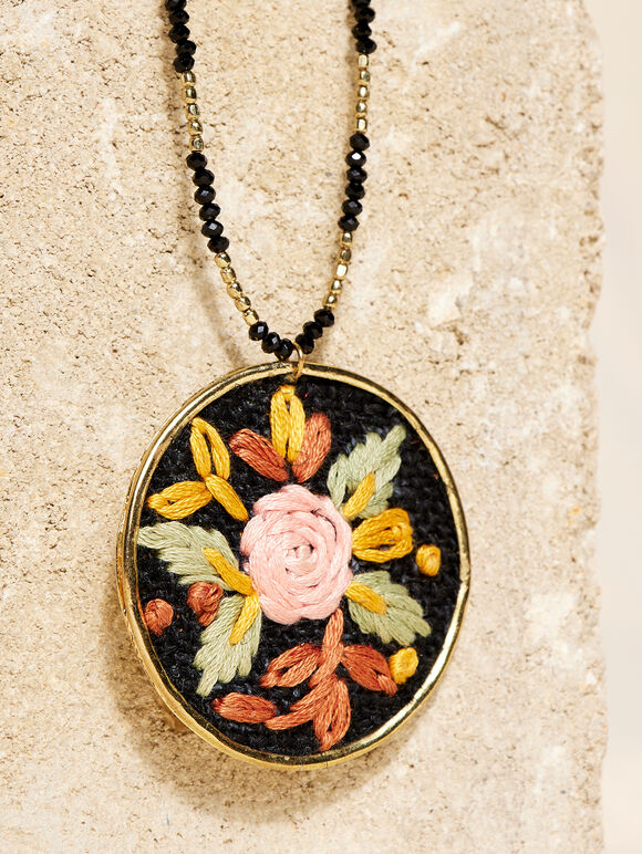 Collier Rose Brodé à la Main, Noir, grand