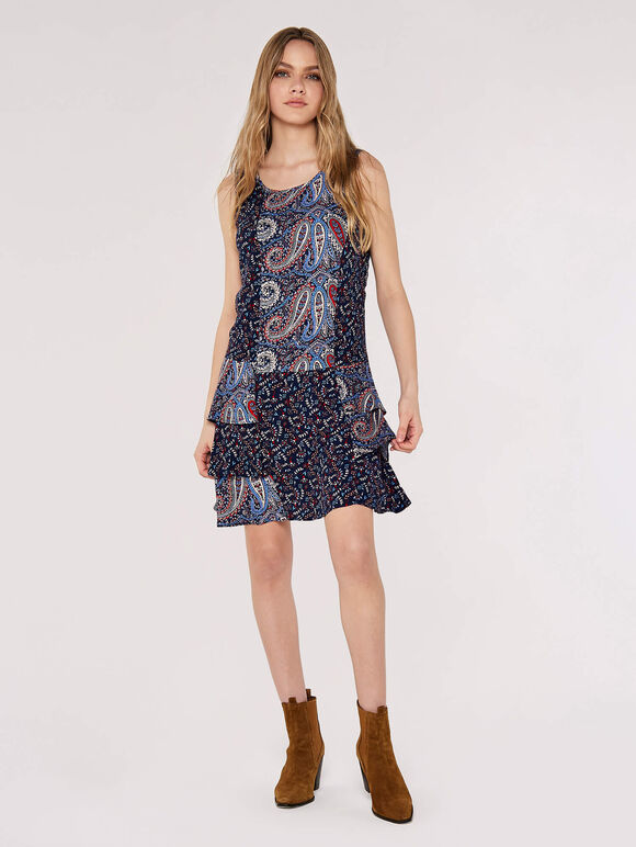 Paisley Mix-Match Mini Dress, Navy, large