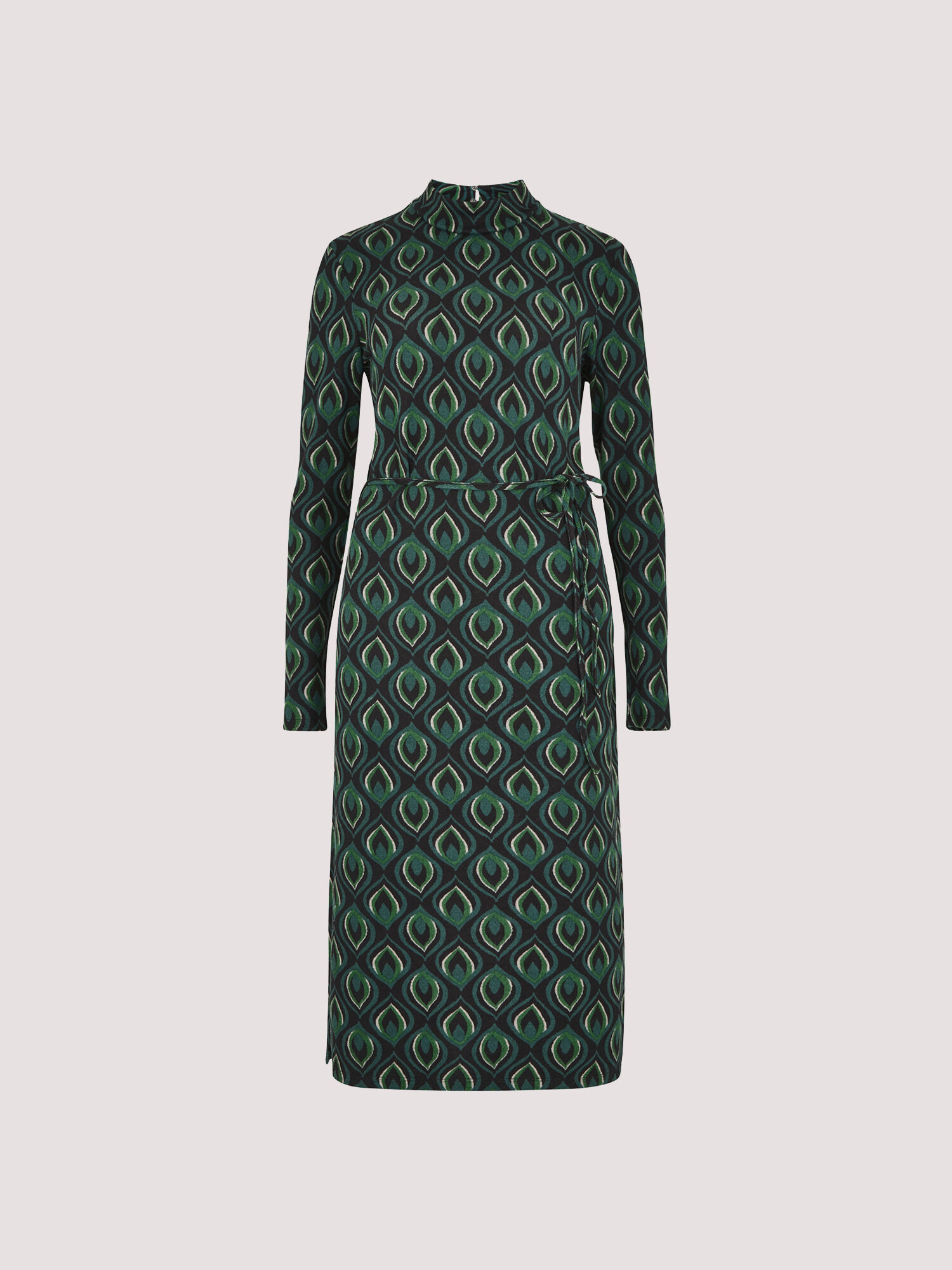 Peacock Print Knit Midi Dress Apricot Clothing