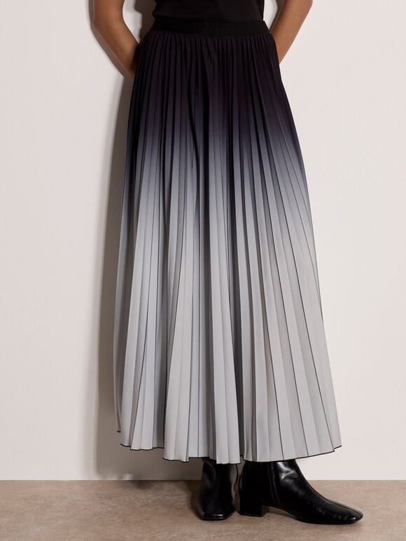 Ombre Pleated Midi Skirt, Black, large