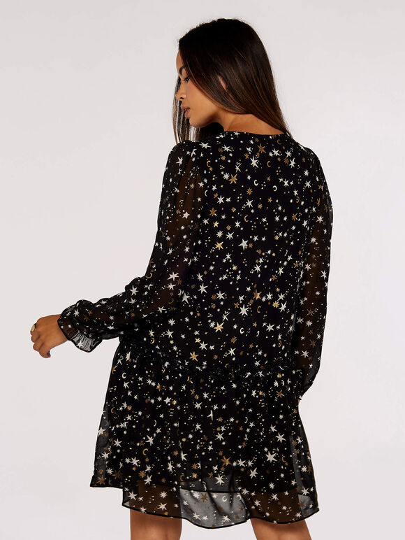 Foil Star  Smock Dress, Black, large