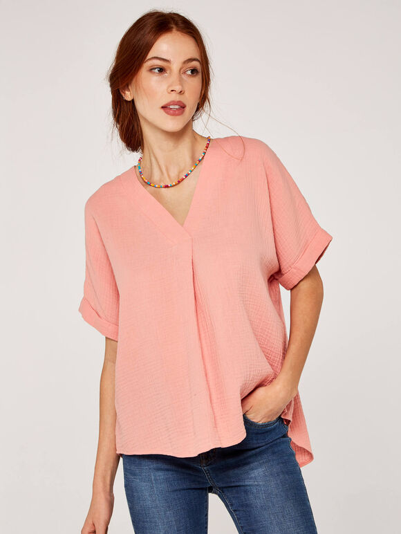Vneck Cotton Top, Pink, large