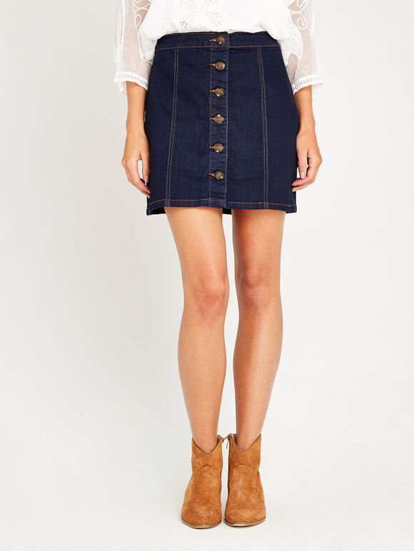 Navy Denim Mini Skirt, Navy, large