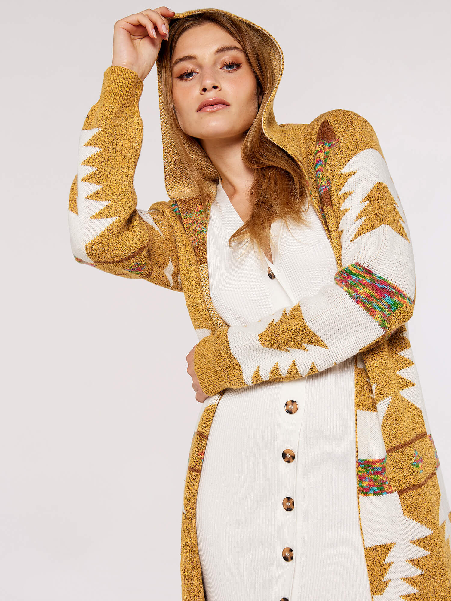 Mustard Aztec Hooded Cardigan | Apricot UK