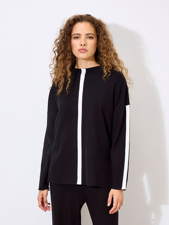 Mock Neck Mono Stripe Jumper, Black, large