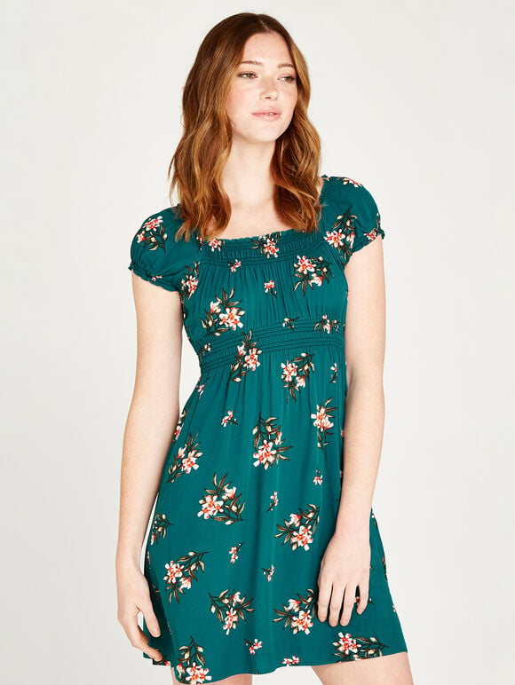 Floral Bunches Milkmaid Dress, Green, large
