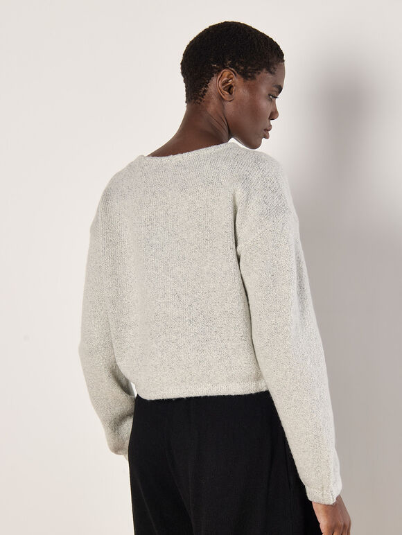 Cropped Boucle Knit Drawstring Jumper, Grey, large