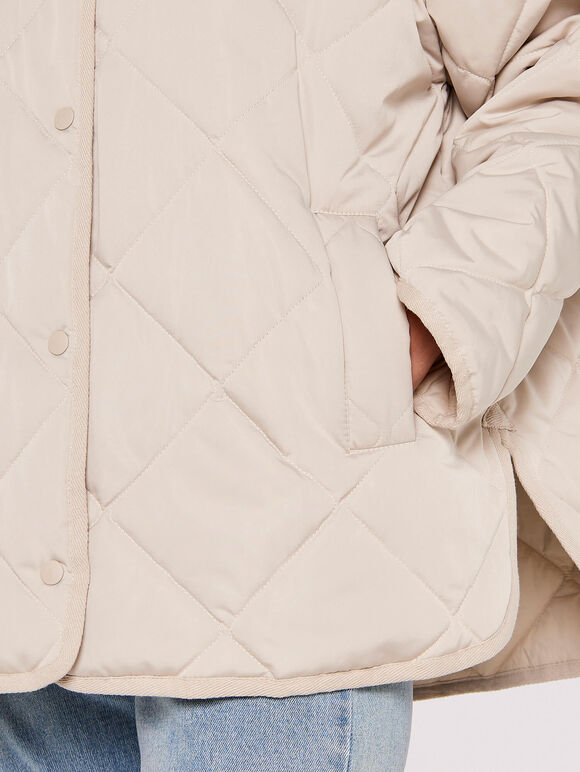 Collarless Quilted Jacket, Stone, large