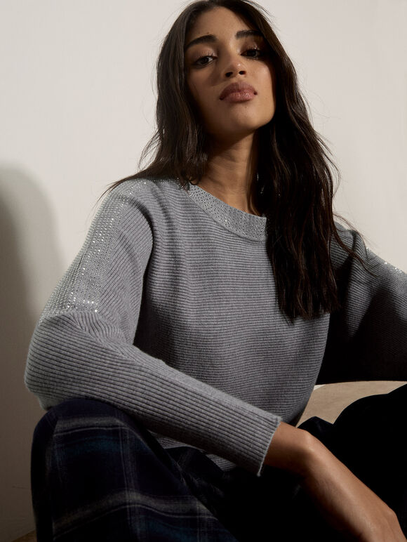 Diamante Embellished Ribbed Jumper, Grey, large