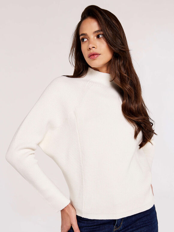 High Neck Ribbed Jumper, White, large