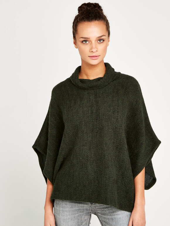Waffle Cowl Neck Cape Top, Khaki, large