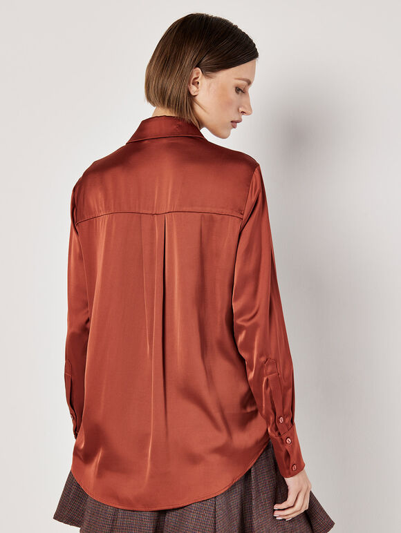 Oversized Satin Shirt, Burgundy, large