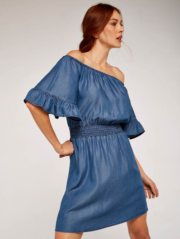 Chambray Bardot Dress, Blue, large