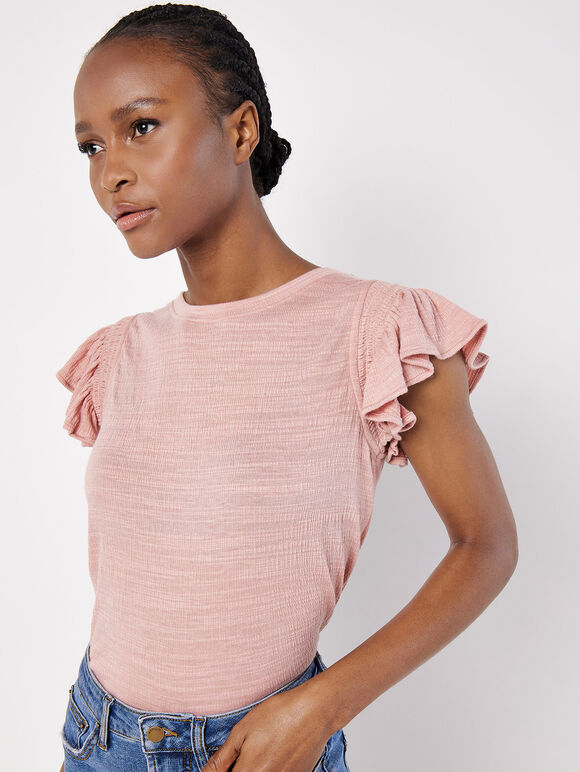 Soft Slub Ruffle Sleeve T-Shirt, Pink, large
