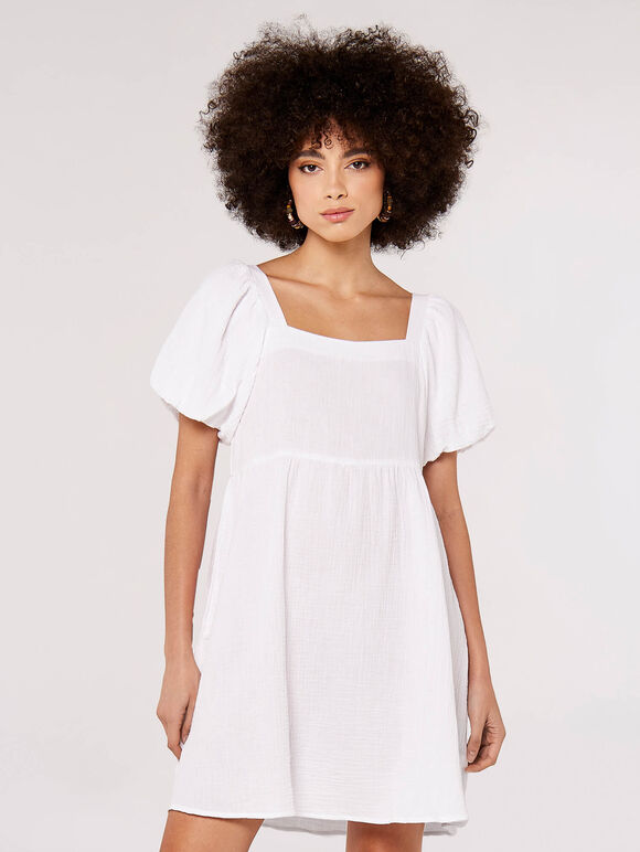 Puff Sleeve Mini Dress, White, large