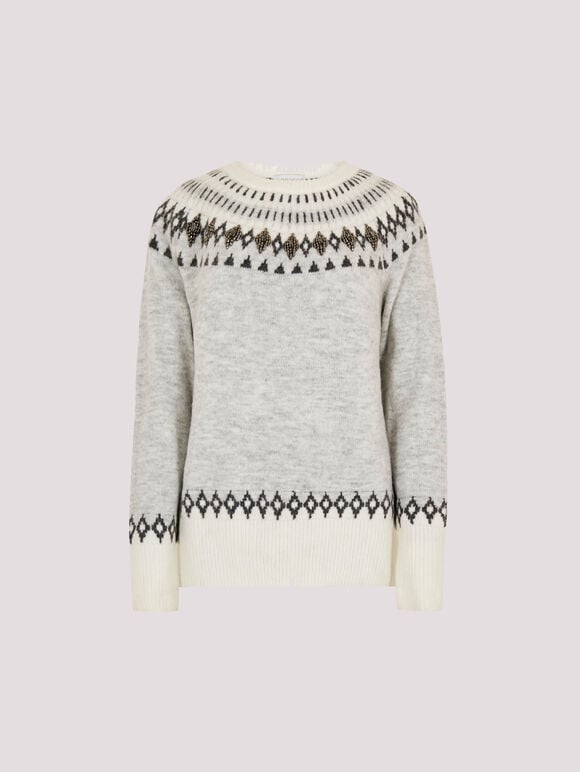 Fair Isle Gem Embellished Jumper, Grey, large