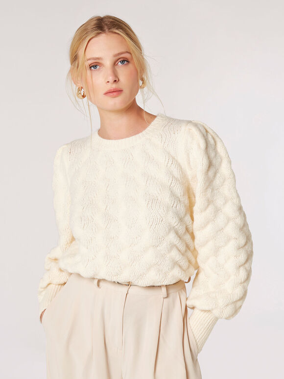 Blasenstrickpullover, Creme, groß