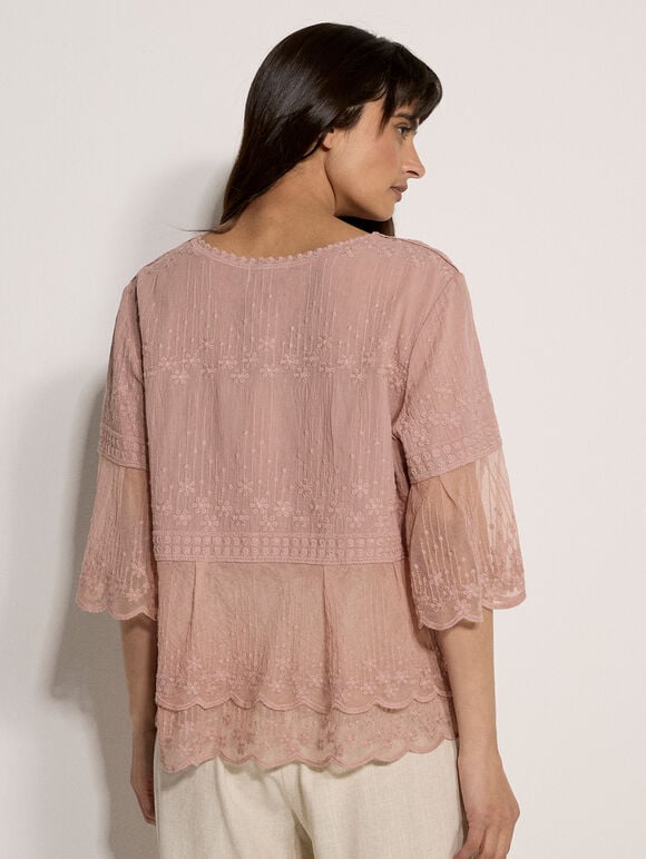 Embroidered Cotton Mesh Blouse, Pink, large