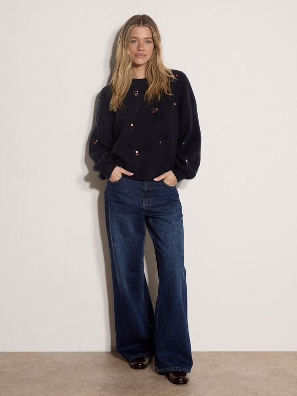 Floral Embroidered Jumper, Navy, large