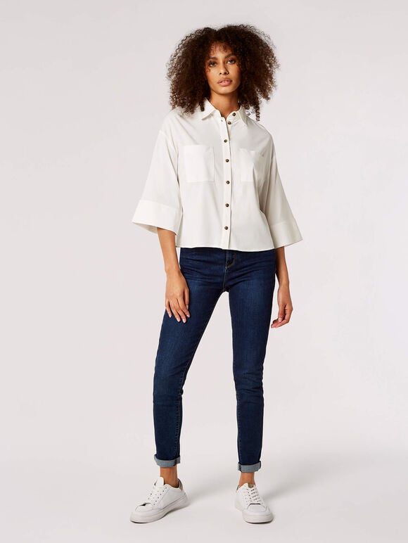 Cropped Wide Sleeve Shirt, White, large