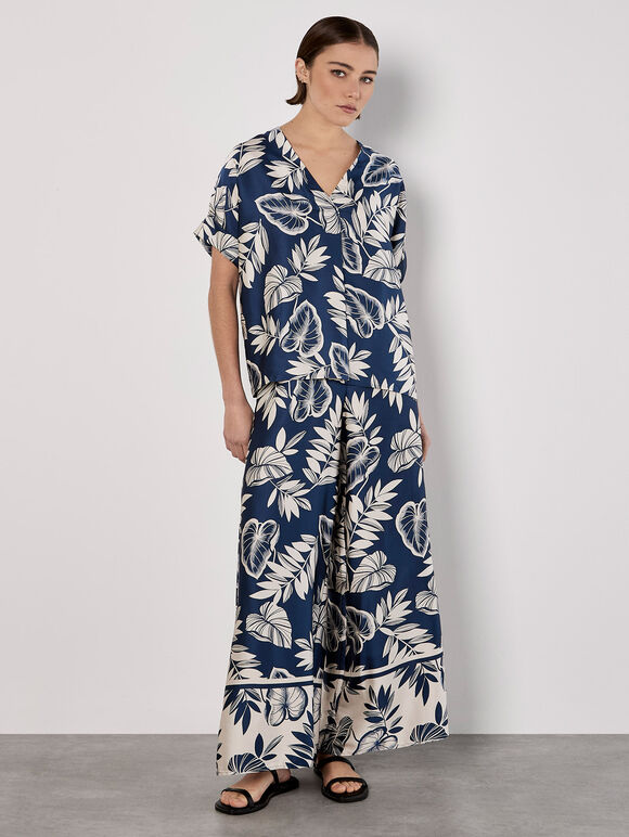 Tropical Leaf Print Satin T-Shirt, Navy, large