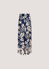 Tropical Leaf Print Satin Wide Leg Trousers, Navy, large