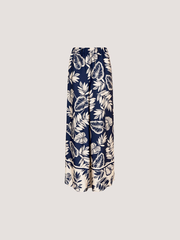 Tropical Leaf Print Satin Wide Leg Trousers, Navy, large