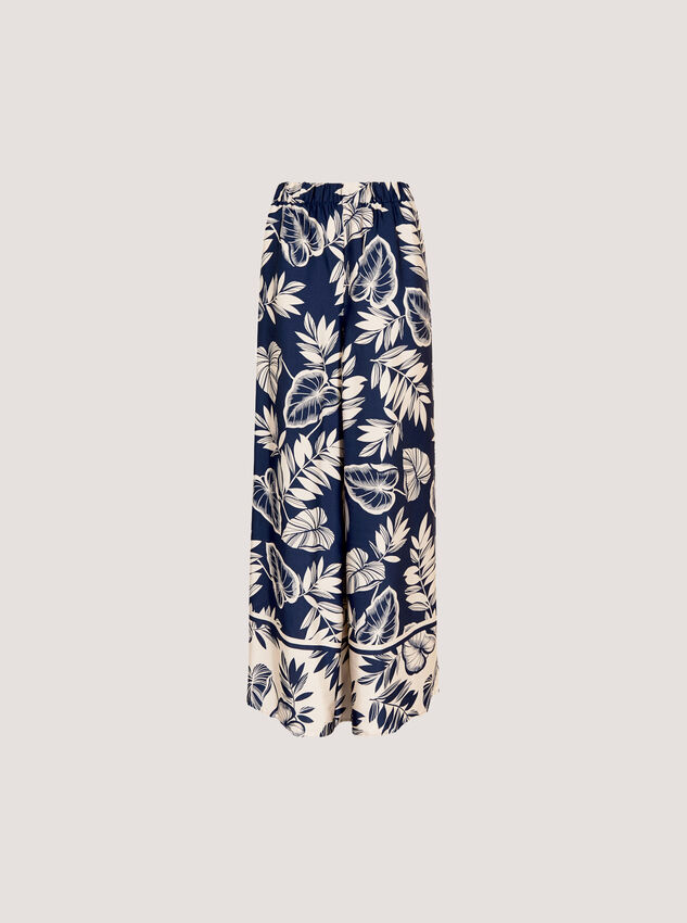 Tropical Leaf Print Satin Wide Leg Trousers, Navy, large