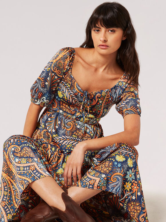 Robe midi en satin floral bohème, bleu marine, grand