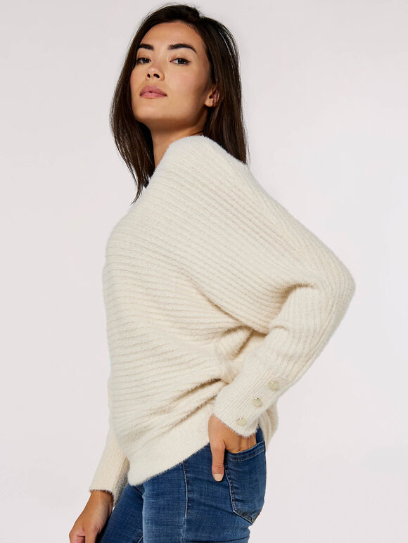 Fluffy Ribbed Jumper, White, large