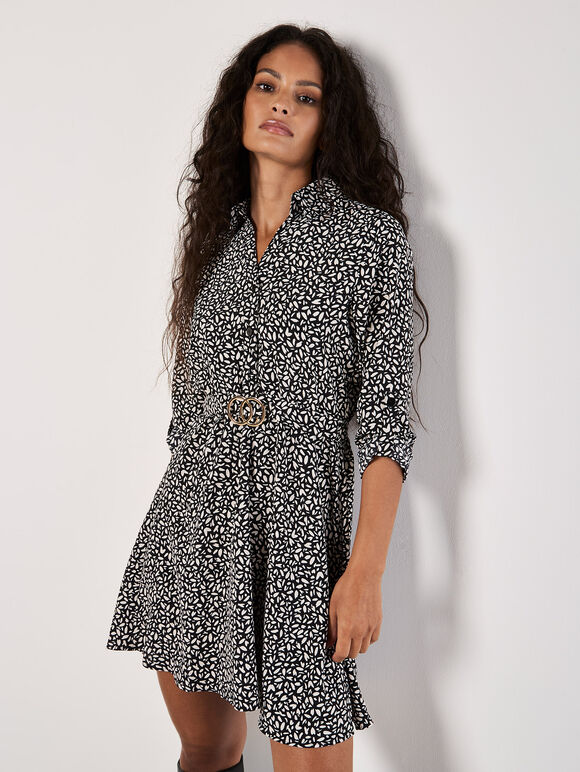 Petal Print Belted Shirt Mini Dress, Stone, large
