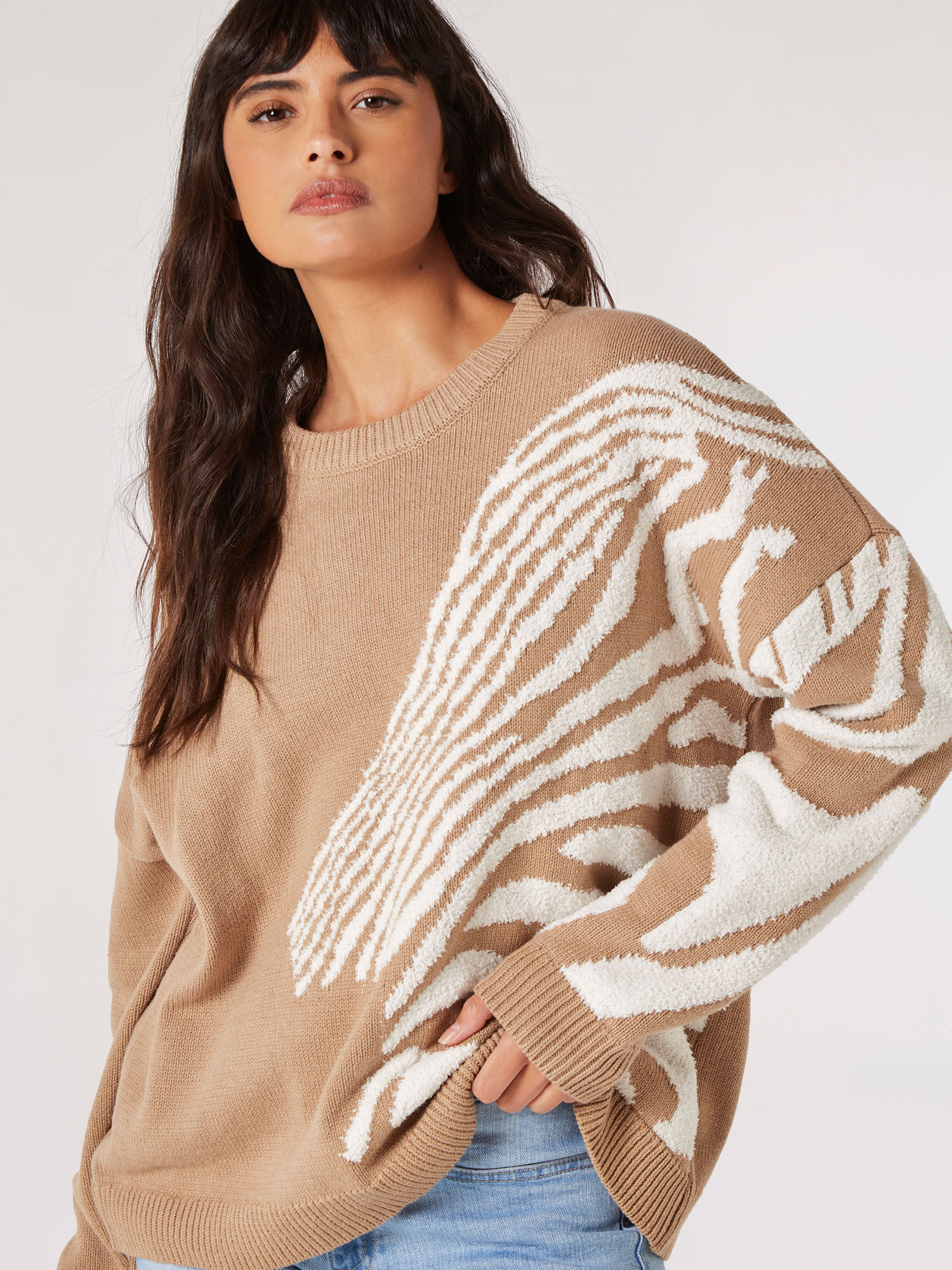 Fuzzy Zebra Stripe Oversized Jumper Apricot Clothing